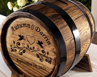 Rustic Wedding Gift-Decor, Personalized Wine Barrel Card Box 10L with Lock, Whiskey Barrel Card Holder, Wood Reception Rum-Bourbon Guestbook