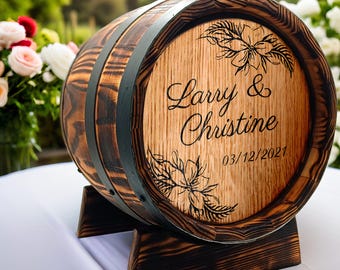 Personalized Wedding Card Box 10L, Rustic Vintage Oak Whiskey Barrel Style with Lock, Card Holder - Perfect Wedding Gift - Decor, Reception