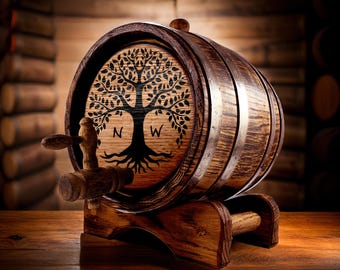 Tree of Life Whiskey-Bourbon Oak Barrel 1-15 L, Laser Etched Wood Barrel, Oak Aging Cask, Whisky Lovers Keg Unigue Gift Vintage Rustic Decor