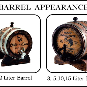 May include: Two wooden barrels with metal bands and spigots. The barrel on the left is engraved with "Chris & Wim 07.10.2013". The barrel on the right is engraved with "House Dominguez Est. 2021 Love, Joy, Terpelfell Whiskey". The barrels are on wooden stands. The smaller barrel is a 1 or 2 liter barrel. The larger barrel is a 3, 5, 10, or 15 liter barrel.