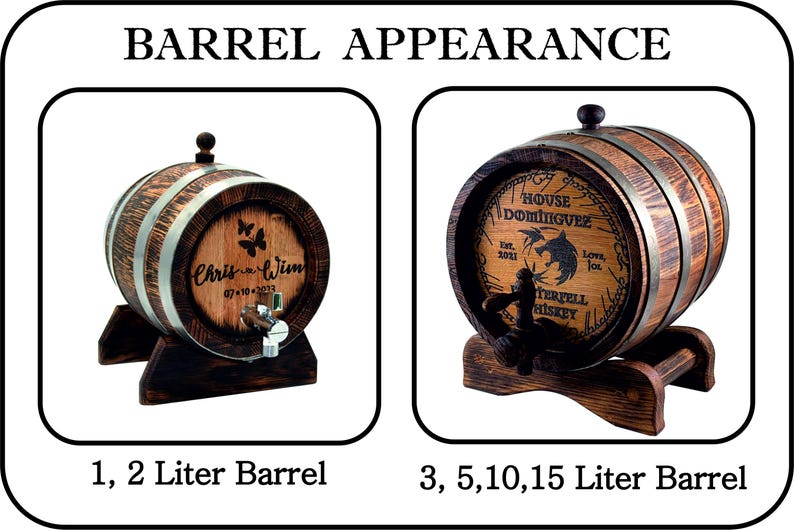 May include: Two wooden barrels with metal bands and spigots. The barrel on the left is engraved with "Chris & Wim 07.10.2013". The barrel on the right is engraved with "House Dominguez Est. 2021 Love, Joy, Terpelfell Whiskey". The barrels are on wooden stands. The smaller barrel is a 1 or 2 liter barrel. The larger barrel is a 3, 5, 10, or 15 liter barrel.