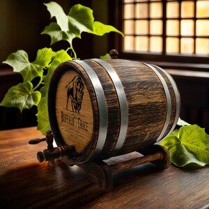 May include: A wooden barrel with metal bands and a spout. The barrel is engraved with the words "Buffalo Trace" and a buffalo silhouette. The barrel is sitting on a wooden stand and is surrounded by green leaves.