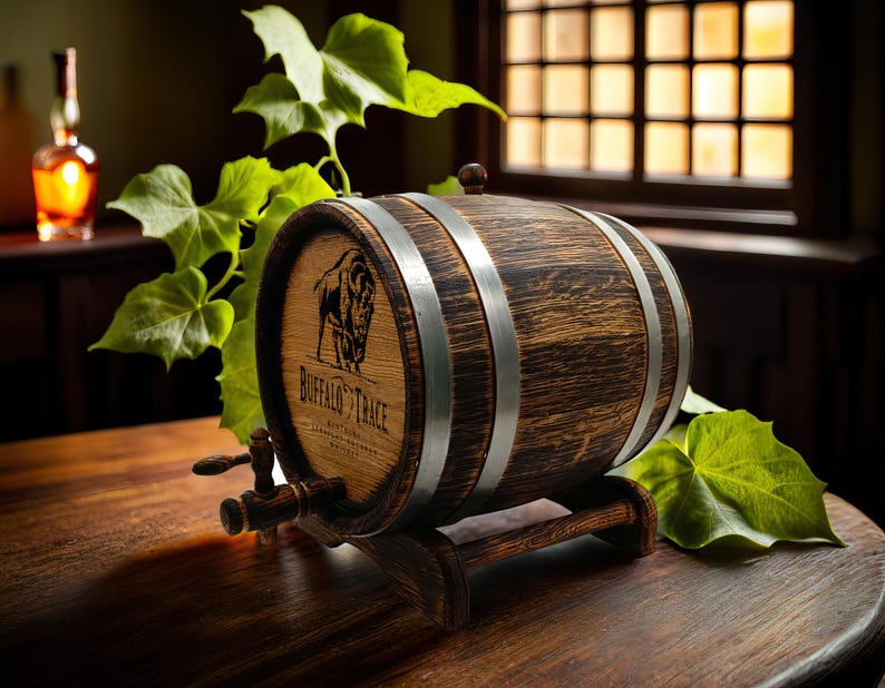 May include: A wooden barrel with metal bands and a spout. The barrel is engraved with the words "Buffalo Trace" and a buffalo silhouette. The barrel is sitting on a wooden stand and is surrounded by green leaves.