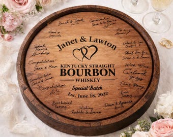 Personalisiertes Hochzeits-Fasskopf-Gästebuch - kundenspezifischer Eichen-Whisky-Fass-Deckel, rustikales Hochzeitsschild, Jubiläumsgeschenk, Scheunen-Wand-Kunst-Dekor
