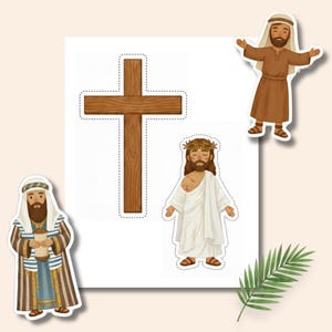 Puede incluir: Un conjunto de pegatinas de temática religiosa que presenta una cruz de madera, Jesús con una corona de espinas y una túnica blanca, y dos figuras con vestimenta tradicional. Las pegatinas están sobre un fondo blanco con un borde beige claro.