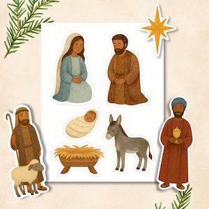 Könnte beinhalten: Ein Set von Weihnachtsaufklebern mit einer Krippenszene. Die Aufkleber zeigen Maria, Josef, das Jesuskind, einen Esel, eine Krippe, einen Hirten mit einem Schaf, einen Weisen und einen Stern. Die Illustrationen sind in sanften, gedämpften Farben gehalten.