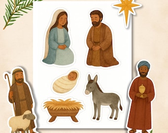 May include: A set of Christmas stickers featuring a nativity scene. The stickers include Mary, Joseph, baby Jesus, a donkey, a manger, a shepherd with a sheep, a wise man, and a star. The illustrations are in soft, muted colors.