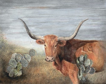 Texas Longhorn and Cactus