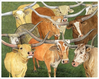 Riproduzione giclée di qualità museale dei Texas Longhorns
