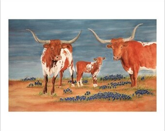 Texas Longhorns and Bluebonnets 18x28 inch Giclee