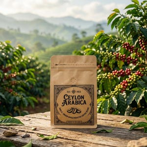 Könnte beinhalten: Eine kaffeetüte aus beigem papier mit der aufschrift Ceylon Arabica, Est. 1923, Single-Origin Whole Roasted Coffee Beans, Product of Sri Lanka. Die tüte hat einen schwarzen dekorativen rahmen und eine abbildung von kaffeebohnen.
