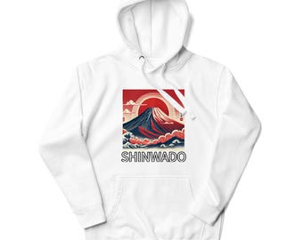 Mount Fuji Hoodie, Red Ukiyo-e Japanese Art, Vibrant Design