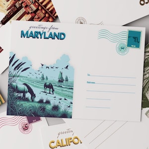 Carte postale du Maryland, impression de voyage vintage, art de la baie de Chesapeake, téléchargement numérique de chevaux sauvages de l'île d'Assateague