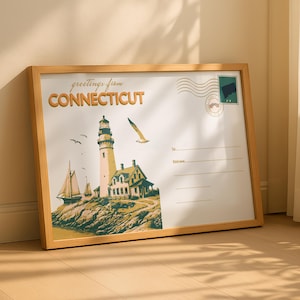 Connecticut Postcard Lighthouse Print – Vintage Coastal Postcard Art Digital Download | Nautical Wall Decor | New England Travel Printable