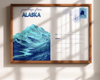 Denali nationalpark vintagevykort, Alaskas bergsnatur väggkonst (digital nedladdning)