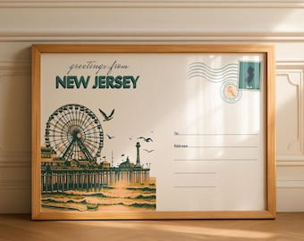 New Jersey Postcard Digital Download, Vintage Travel Print, Jersey Shore Coastal Wall Art