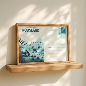 Maryland Postcard Print Vintage Assateague Island Wild Horses Digital Download, Coastal Art, Travel Poster