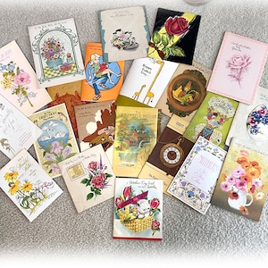 Grote partij vintage Moederdagkaarten jaren 40/70, gebruikt, met tekst van binnen, grote verscheidenheid, rommeldagboek, papierkunst, kortstondige