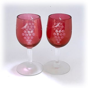 Multiple Pairs Vintage Cranberry Stain Etched Grape Cordial Glasses Holiday Barware Pair, Red Stemware Barware, 10 Cordials available