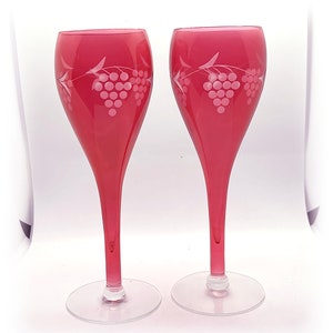 Multiple Pairs Vintage Cranberry Stain Etched Grape Hollow Stem Champagne Glasses Holiday Barware Pair, Red Stemware