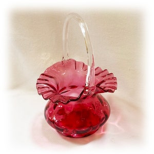 Vtg 1960s FENTON 8&quot; Cranberry Coin Dot Ruffled Basket Clear Handle Fred Bruce Mark
