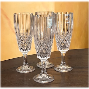 Set of 4 Vintage MEGAN Crystal Fluted Diamond Champagne Glasses Acid Etch Crown Mark Royal Irish Crystal