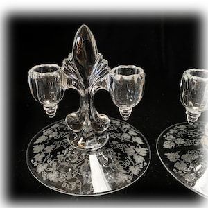 Pair New Martinsville 1930s Art Deco Double Light Candlesticks Florentine Etch, Crystal Clear, Fleur De Lis Candle Holders