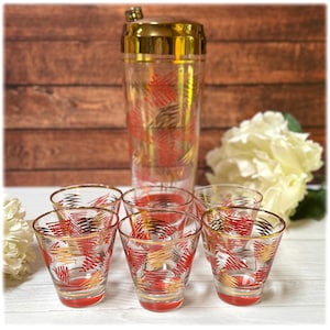 RARE Mid Century Modern Cocktail Shaker & Glasses Orange and Gold Squiggle MCM