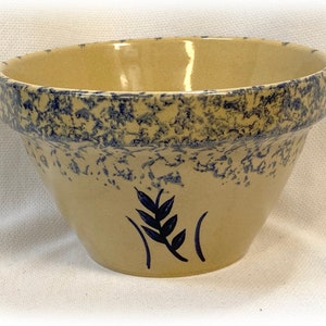 Blue Sponge Robinson Ransbottom Pottery 8 Inch Mixing Bowl Ohio USA Spongeware Blue Wheat