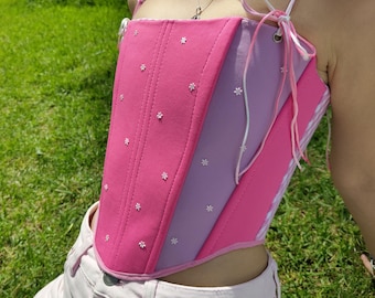 Trägerloses Korsett-Top aus rosa Samt – Einzigartiges, handgefertigtes Upcycling-Korsett mit abnehmbaren Trägern