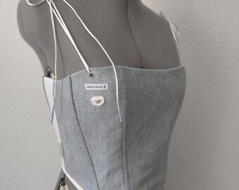 Wendbares Designer-Denim-Korsett-Top, handgefertigtes Unikat, grün-weißes Bustier, Korsett mit verstellbaren Trägern