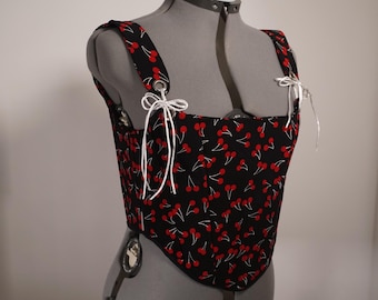 Einzigartiges Korsett-Top mit Kirschmuster – Handgefertigtes Statement-Piece aus Upcycling-Materialien