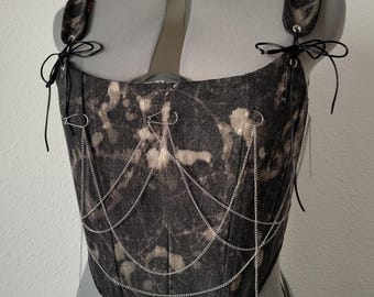 Wendbares 2-in-1-Korsett mit abnehmbaren Ketten, floralem Muster und gewaschenem Denim, einzigartiges verstellbares Korsett-Top