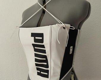 Wendbares Korsett-Top, handgefertigtes Unikat, schwarz-weißes Korsett, Bustier mit verstellbaren Trägern, ausdrucksstarkes Top mit zwei Tragemöglichkeiten