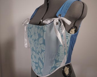 Himmelblaues, wendbares Upcycling-Korsett für Damen – Einzigartiges, handgefertigtes Korsett mit Schleifenbändern, luftiges Statement-Top