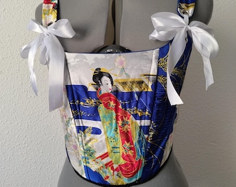 Einzigartiges, wendbares Luxus-Upcycling-Korsett | Verwandlungsfähiges Korsett-Top aus blauem Satin und japanisch inspirierten Stoffen