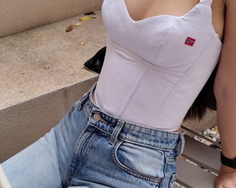 Weißes Korsett-Top, handgefertigtes Unikat, weiches Baumwoll-Bustier, Korsett mit Schnürung am Rücken, romantisches Sommer-Top