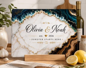 Personalized Wedding Cutting Board, Custom Couple Gift, Marble Glass Cutting Board, Housewarming Gift, Anniversary Gift for Couple