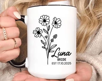 Taza de novia personalizada, regalo para el día de la boda, taza de café para despedida de soltera, taza personalizada para novia, idea de regalo para recién casados, recuerdo de fiesta de compromiso