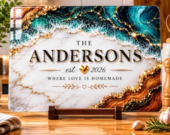 Personalized Glass Cutting Board, Custom Family Name Kitchen Gift, Wedding Gift for Couple, Housewarming Gift, Marble Ocean Design