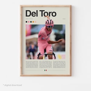 Puede incluir: Póster enmarcado con un ciclista de rosa, el texto "Del Toro" y la marca Giro d'Italia. La imagen incluye una paleta de colores y un ciclista en bicicleta. El póster está en un marco de madera.