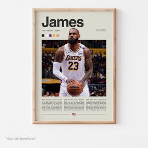 Könnte beinhalten: Gerahmtes Poster mit Basketballspieler LeBron James in einem Trikot der Los Angeles Lakers, der einen Wilson-Basketball hält. Das Poster enthält den Namen "James" oben und Text unten.