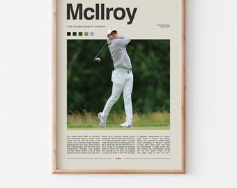 May include: A printable poster featuring a photograph of professional golfer Rory McIlroy in action. The poster has a minimalist design with a white background and black text. The text reads "McIlroy" in a bold, sans-serif font. Below the name, it says "PGA Championship Winner" and "Professional Since 2007".