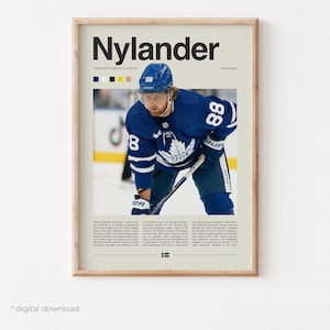 Puede incluir: Un póster enmarcado con William Nylander de los Toronto Maple Leafs. El póster tiene un fondo beige con el nombre del jugador en letras negras grandes. Nylander lleva un uniforme de hockey azul con el número 88.