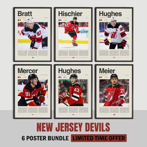 May include: Six framed posters featuring New Jersey Devils hockey players in action. Each poster has a player's name and number, with a team logo. The posters are in black frames and include the text "New Jersey Devils" and "6 Poster Bundle".