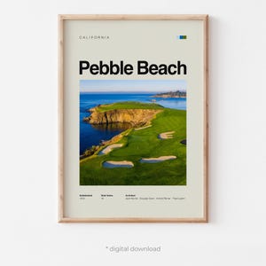 May include: A framed poster featuring a scenic view of Pebble Beach, California. The image showcases a green golf course next to the ocean under a blue sky. The poster includes the text "Pebble Beach" in bold letters, along with details about the course.