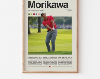 May include: A digital printable poster featuring a photograph of golfer Collin Morikawa in action. The poster has a retro-inspired design with a beige background and a brown frame. The text "Morikawa" is in bold, black font at the top of the poster. Below the photo, there is a caption about Morikawa's career highlights. The poster is a digital download.