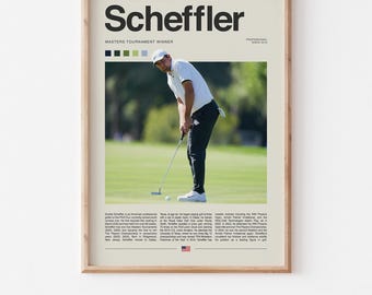 Puede incluir: Un póster enmarcado con el nombre "Scheffler" en negro. La imagen muestra a un golfista jugando en un campo verde. El póster incluye texto sobre el golfista y las palabras "Masters Tournament Winner".