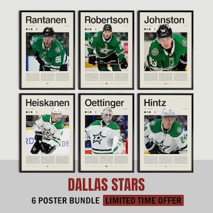 May include: A set of six framed posters featuring Dallas Stars hockey players. Each poster shows a player in a green and white uniform, with their name and number. The posters are arranged in a grid, with the text "DALLAS STARS" and "6 POSTER BUNDLE LIMITED TIME OFFER" at the bottom.