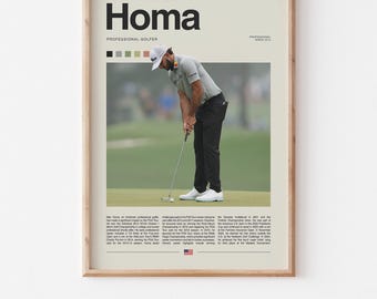 May include: A digital download poster featuring a professional golfer, Max Homa, in a white shirt and black pants, putting on a green golf course. The poster has a beige background with the text "Homa" in black and "Professional Golfer" in smaller black text. The poster also includes a small color palette and the text "Professional Since 2014".